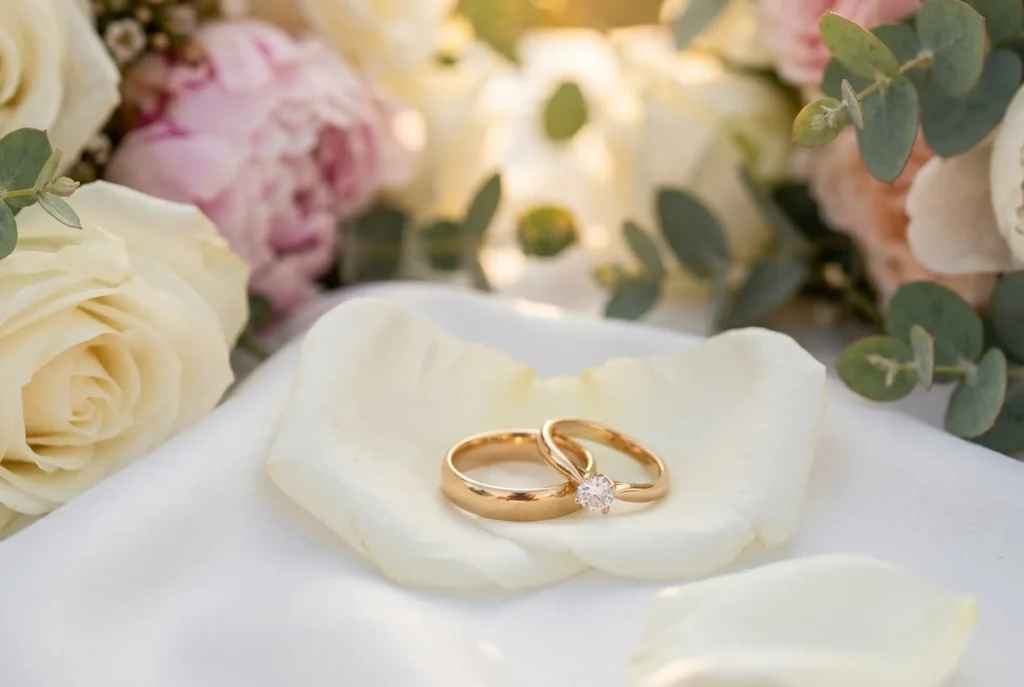 Alianzas de boda de oro y anillo de compromiso con diamante sobre pétalos de rosas blancas en Café Hotel Medellín.