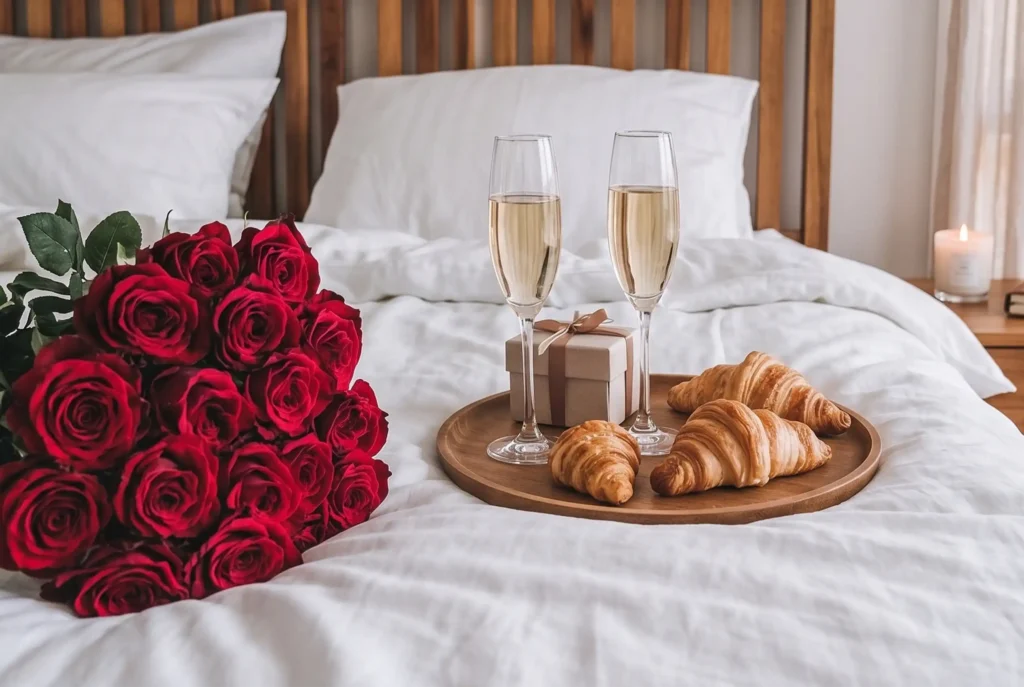 Decoración romántica en habitación de Café Hotel Medellín con ramo de rosas rojas, copas de vino espumoso y croissants en la cama.