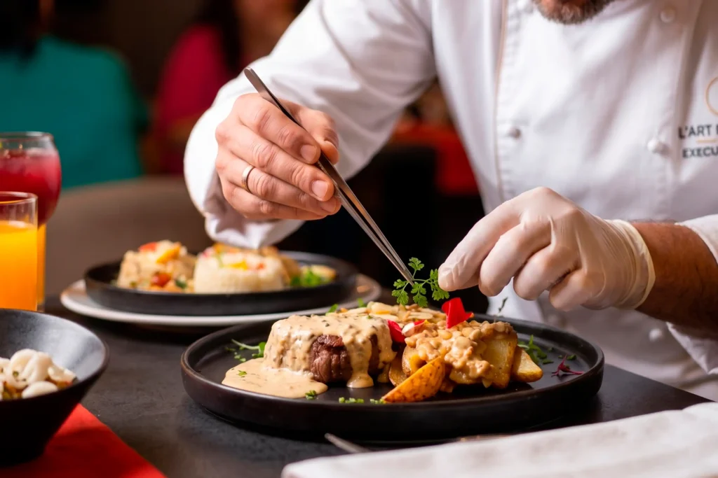 Chef decorando con pinzas un plato de carne con salsa cremosa y papas rústicas en un restaurante en El Poblado.
