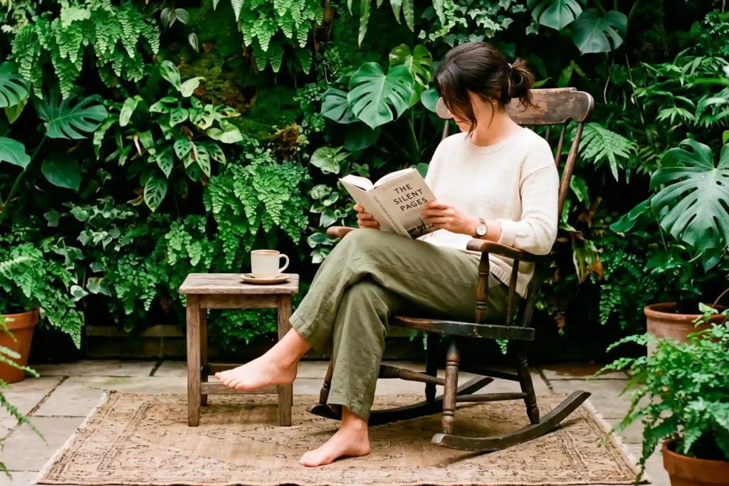 Guía de slow travel Medellín: mujer relajada en un jardín botánico privado disfrutando de una lectura y café local.