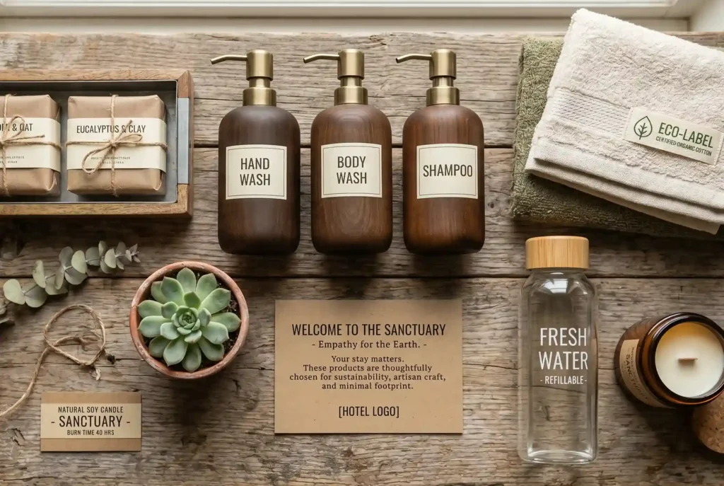 Amenidades de baño ecológicas en Café Hotel Medellín: dispensadores recargables, jabón artesanal y toallas de algodón orgánico sobre madera rústica.