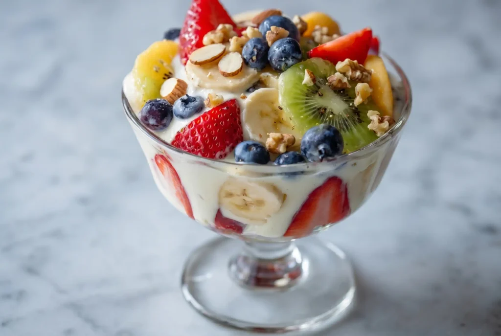 Copa de yogur con frutos rojos, kiwi y nueces en desayuno nutritivo de Café Hotel Medellín, rendimiento para atletas