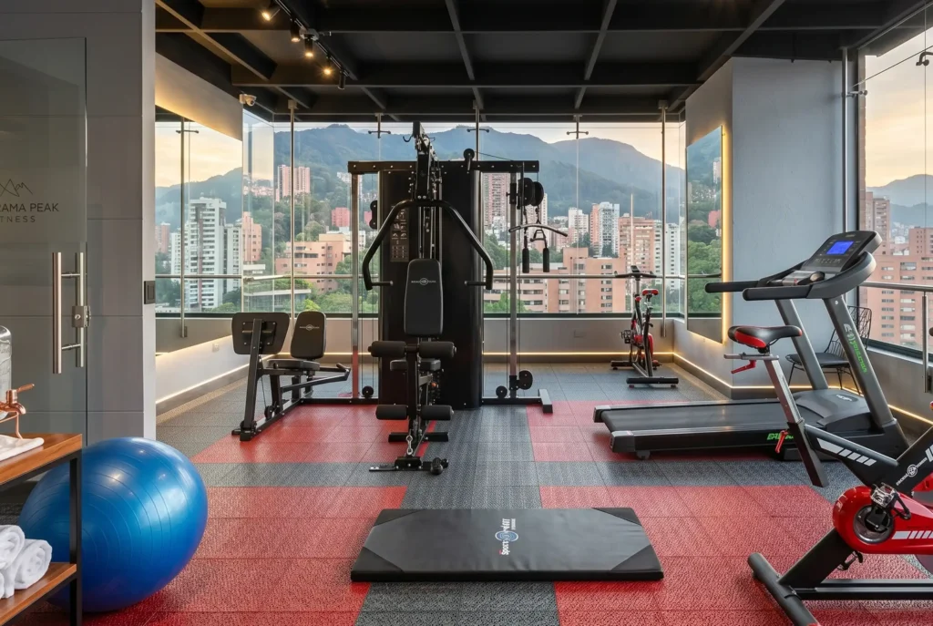 Fully equipped gym with exercise machines and views of the Medellín mountain range at Café Hotel in El Poblado.