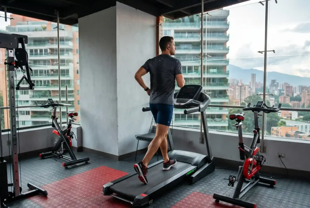 Hombre en caminadora con vista panorámica a El Poblado desde el gimnasio de Café Hotel Medellín