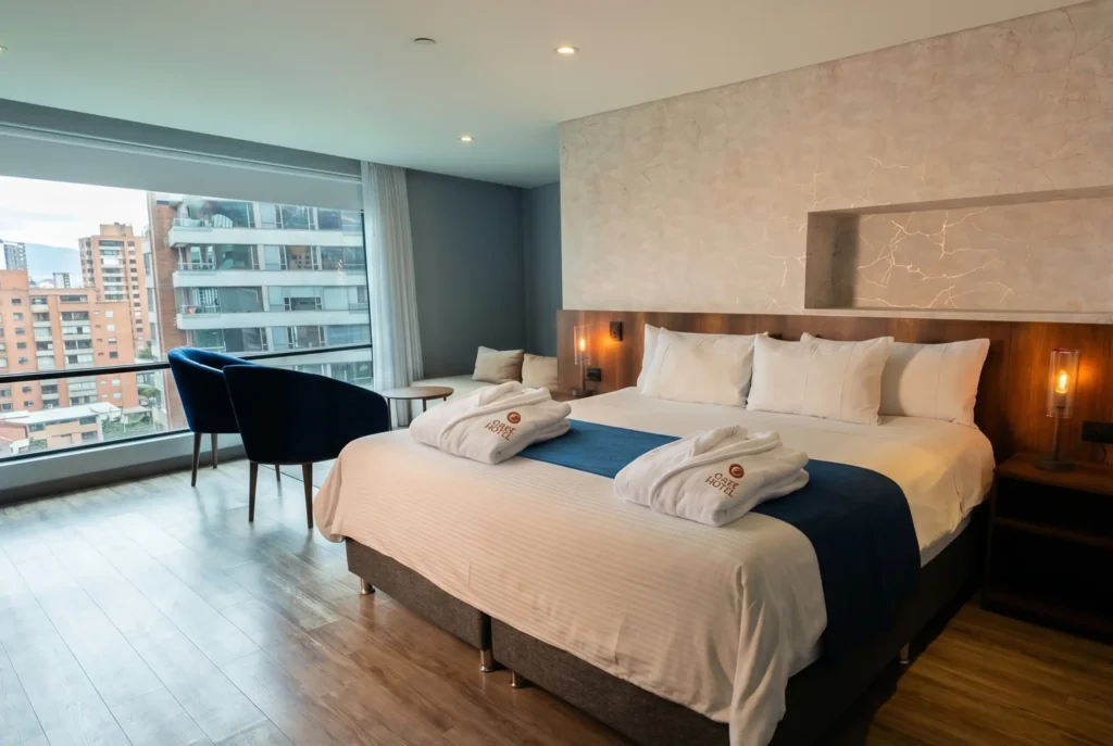 King Room with Café Hotel towels and a view of El Poblado—a romantic getaway in Medellín in May.