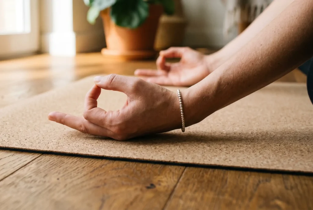 Manos en postura de meditación sobre mat de corcho, práctica de mindfulness para viajeros en Café Hotel Medellín.