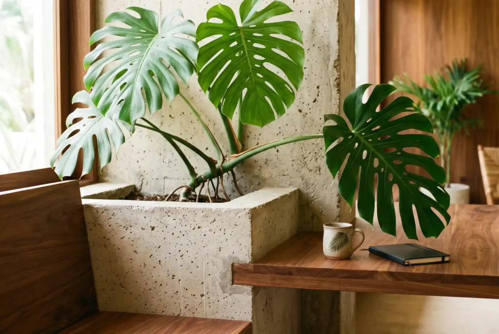 Monstera deliciosa in a large concrete planter with a coffee cup and notebook, part of the biophilic interior design at Café Hotel Medellín.