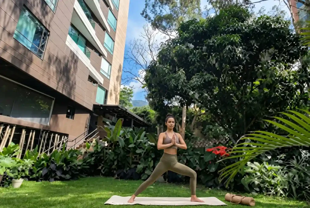 Mujer practicando yoga en el jardín de Café Hotel Medellín, meditación y bienestar para viajeros en El Poblado.