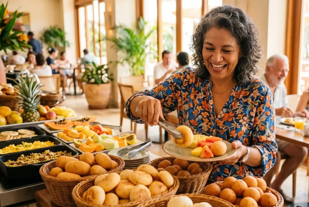 Mujer sonriente sirviéndose frutas y pan de bono en un amplio desayuno buffet en Medellín con ambiente luminoso.