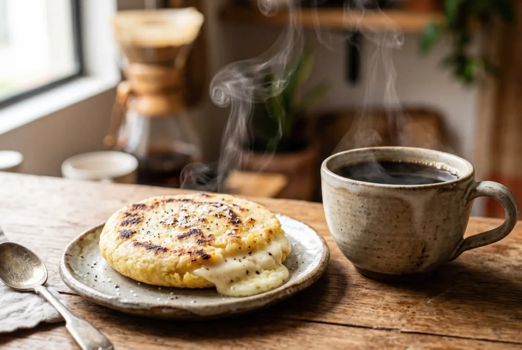 Arepa de chocolate con queso derretido y café caliente humeante sobre mesa de madera; desayuno típico en Medellín.