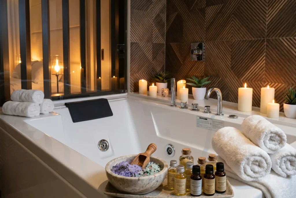 Jacuzzi con velas, sales de baño y aceites esenciales en habitación de hotel con spa; ambiente relajante y romántico.