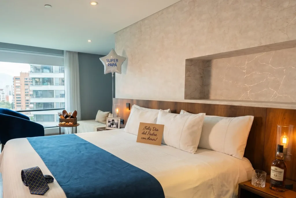 Habitación decorada para el Día del Padre en Café Hotel Medellín con globo, whisky y vista a El Poblado
