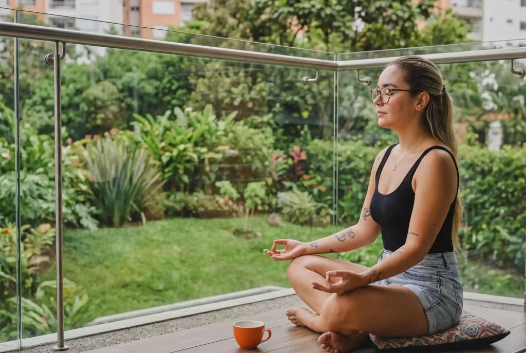 Mujer meditando en terraza con jardin tropical de Cafe Hotel Medellin El Poblado