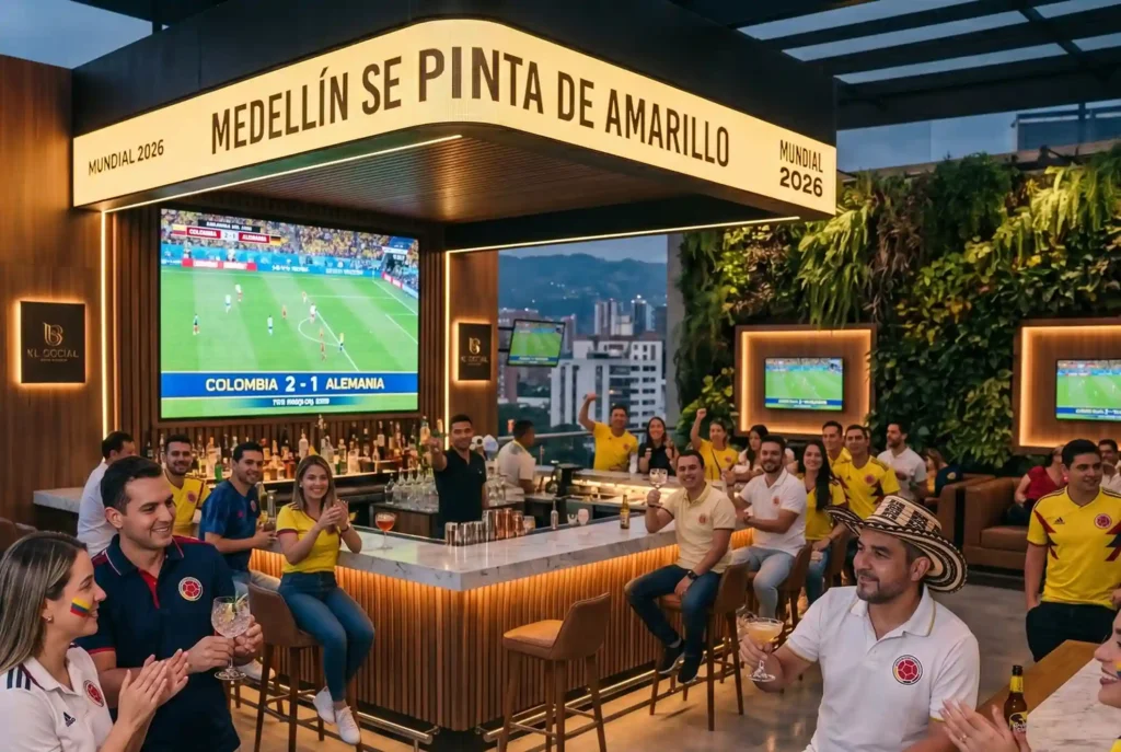 Aficionados colombianos viendo el Mundial 2026 en el rooftop bar de Café Hotel Medellín con vista a la ciudad