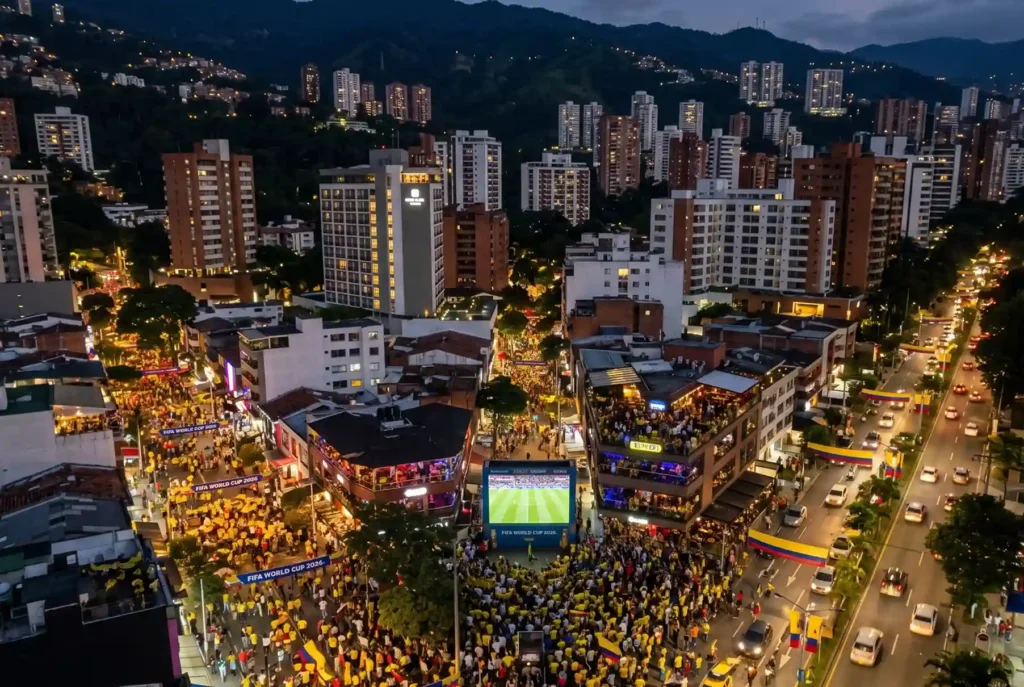 Vista aérea de El Poblado Medellín durante el Mundial FIFA 2026 con aficionados colombianos en las calles