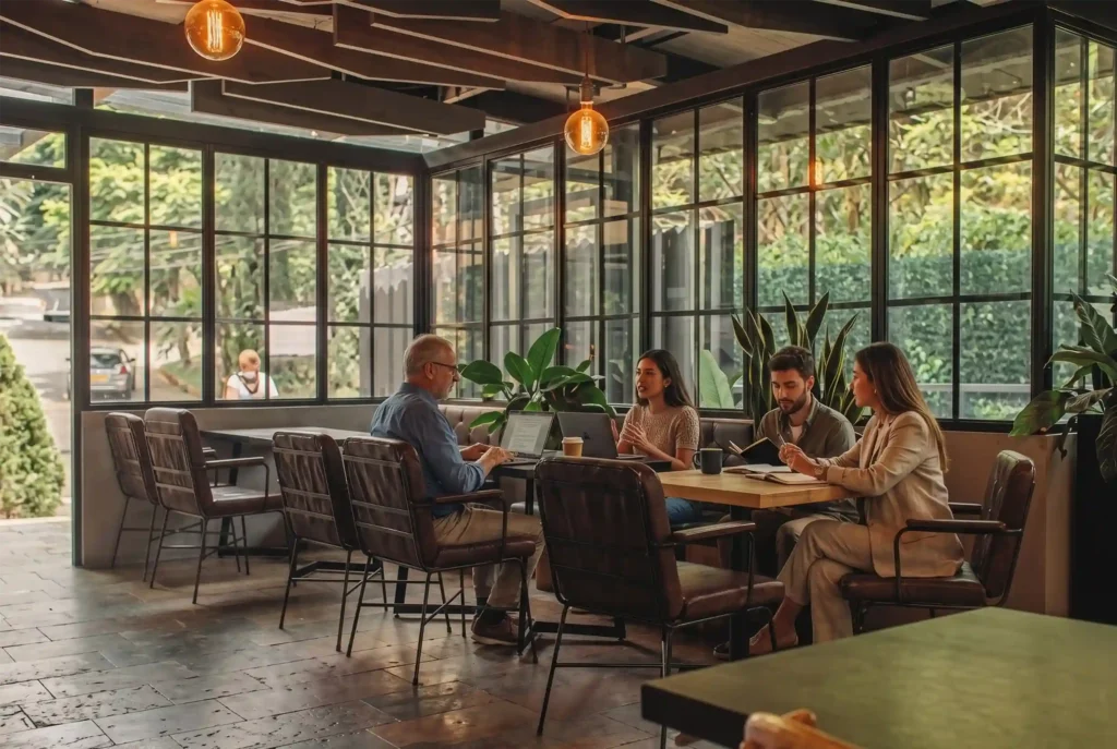 Reunion corporativa en espacio con ventanales de Cafe Hotel Medellin El Poblado