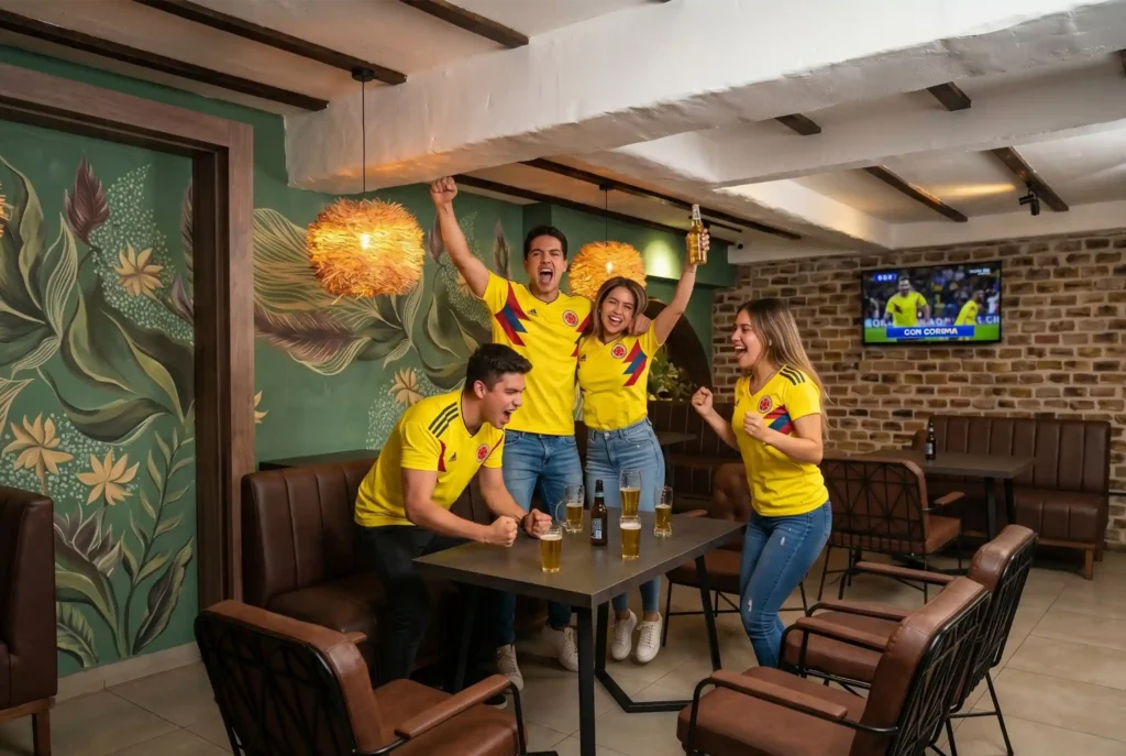 Amigos viendo el Mundial 2026 en bar de El Poblado Medellín con camisetas de Colombia